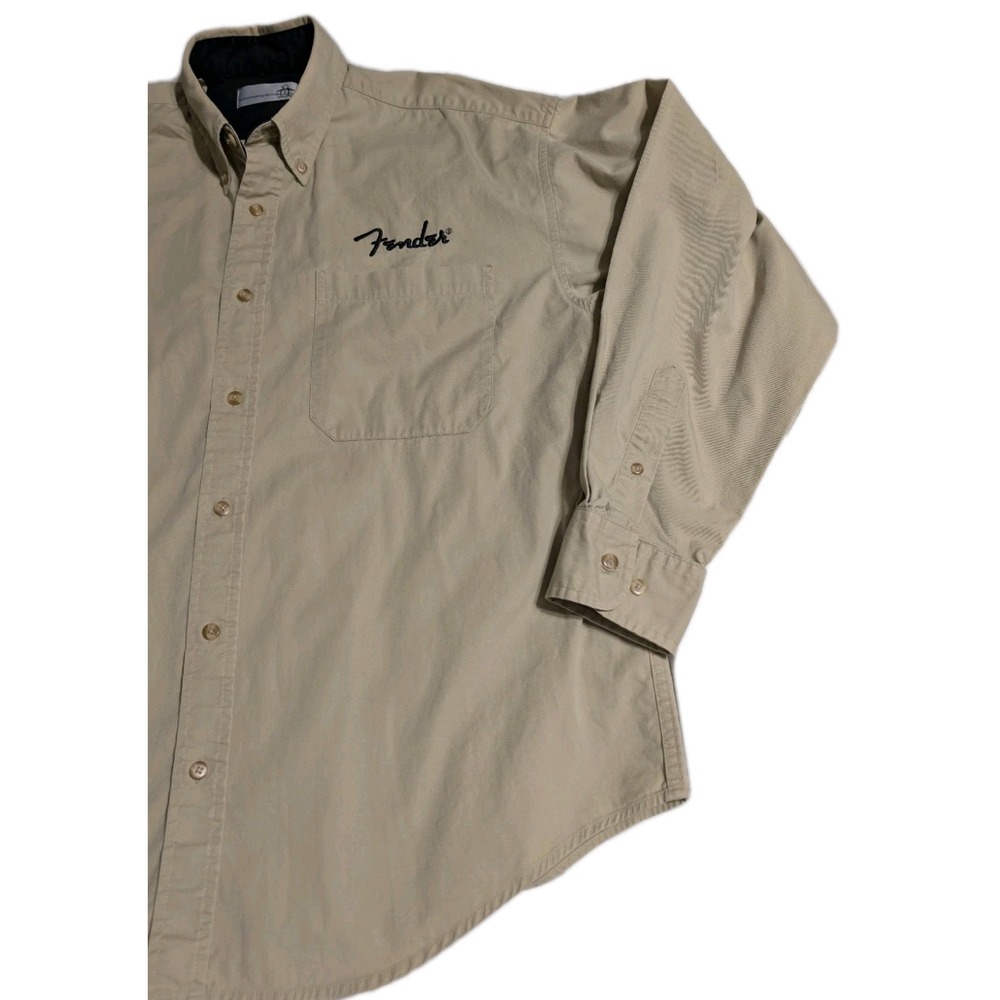Fender Embroidered Logo Button Down Shirt Tan Khaki Mens L Approx - Picture 2 of 9